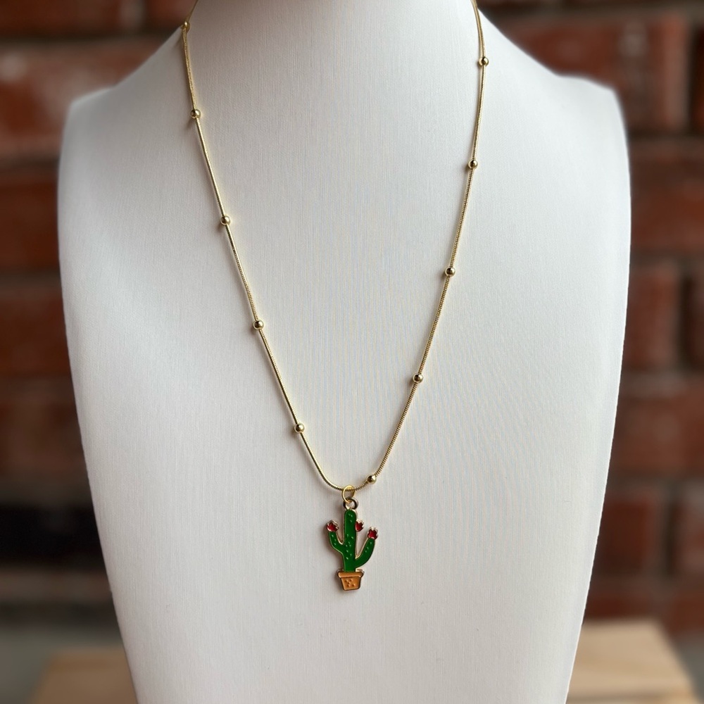 Handmade Gold Cactus Pendant Necklace